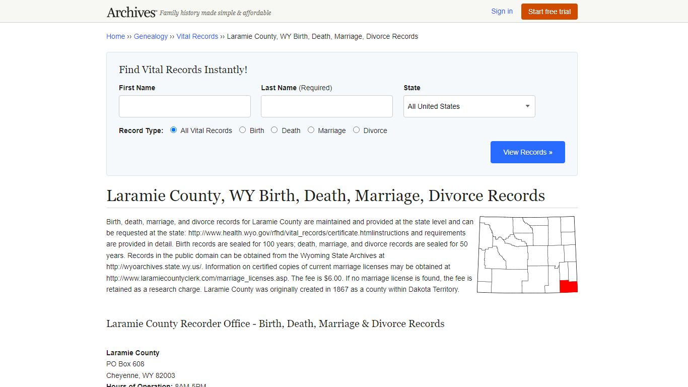 Laramie County, WY Birth, Death, Marriage, Divorce Records